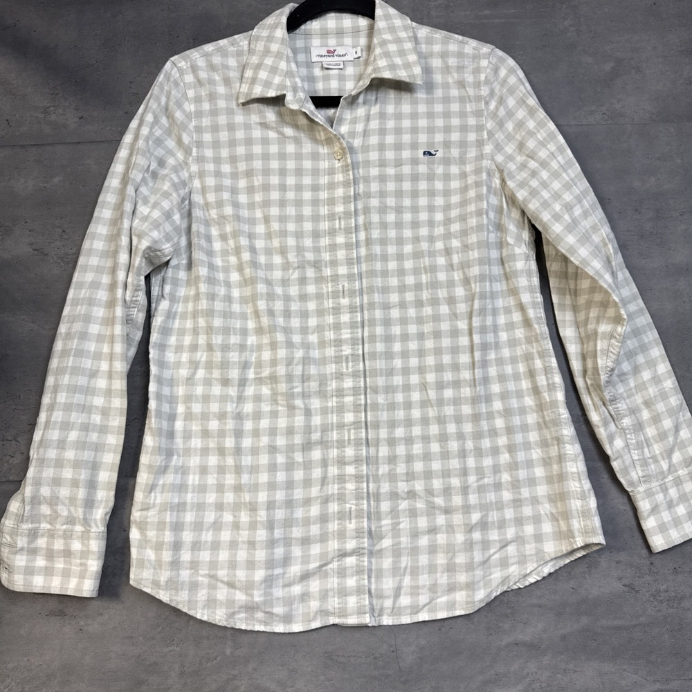 vineyard vines women light gray and white gingham long-sleeve button-down 6